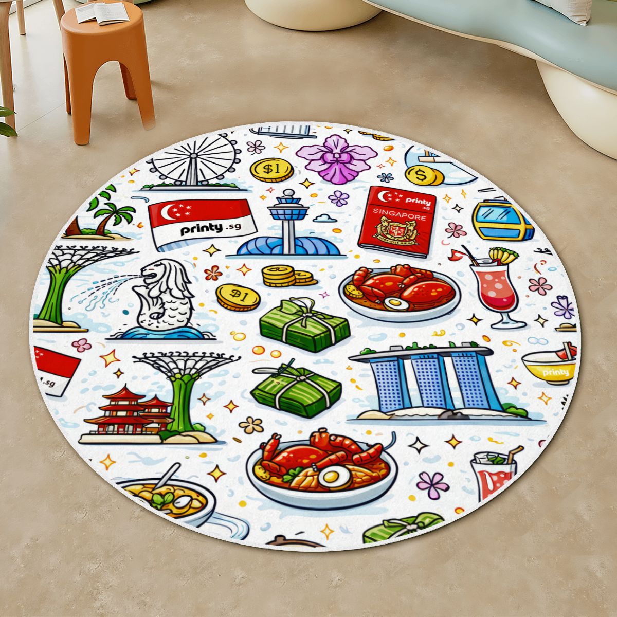 Custom Soft Round Area Rug with White Border