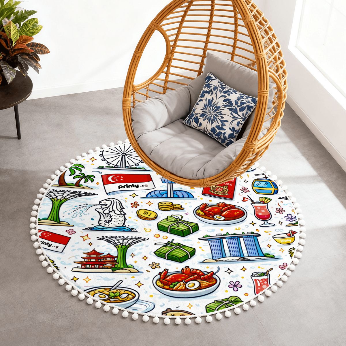 Custom Round Area Rug with Pom Poms