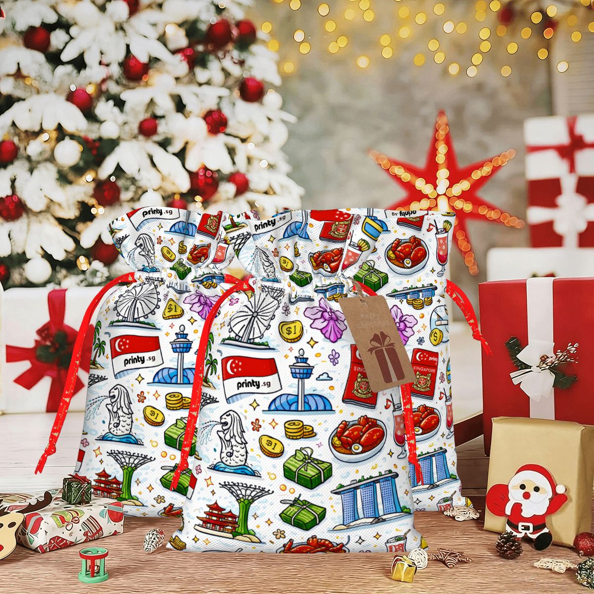 Custom Christmas Drawstring Gift Bags