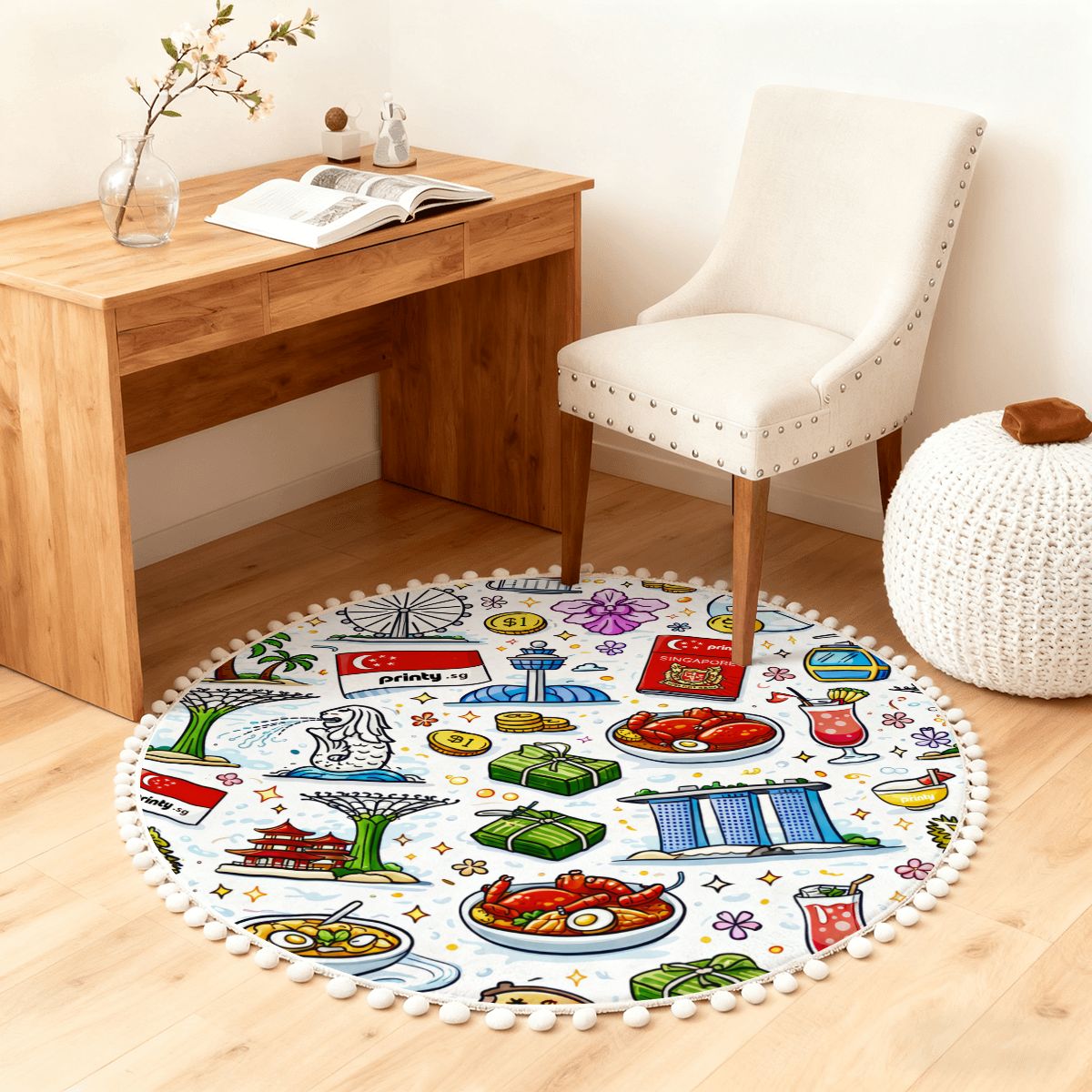 Custom Round Area Rug with Pom Poms