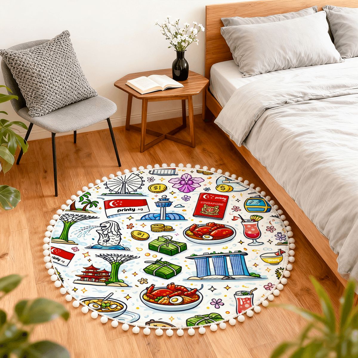 Custom Round Area Rug with Pom Poms