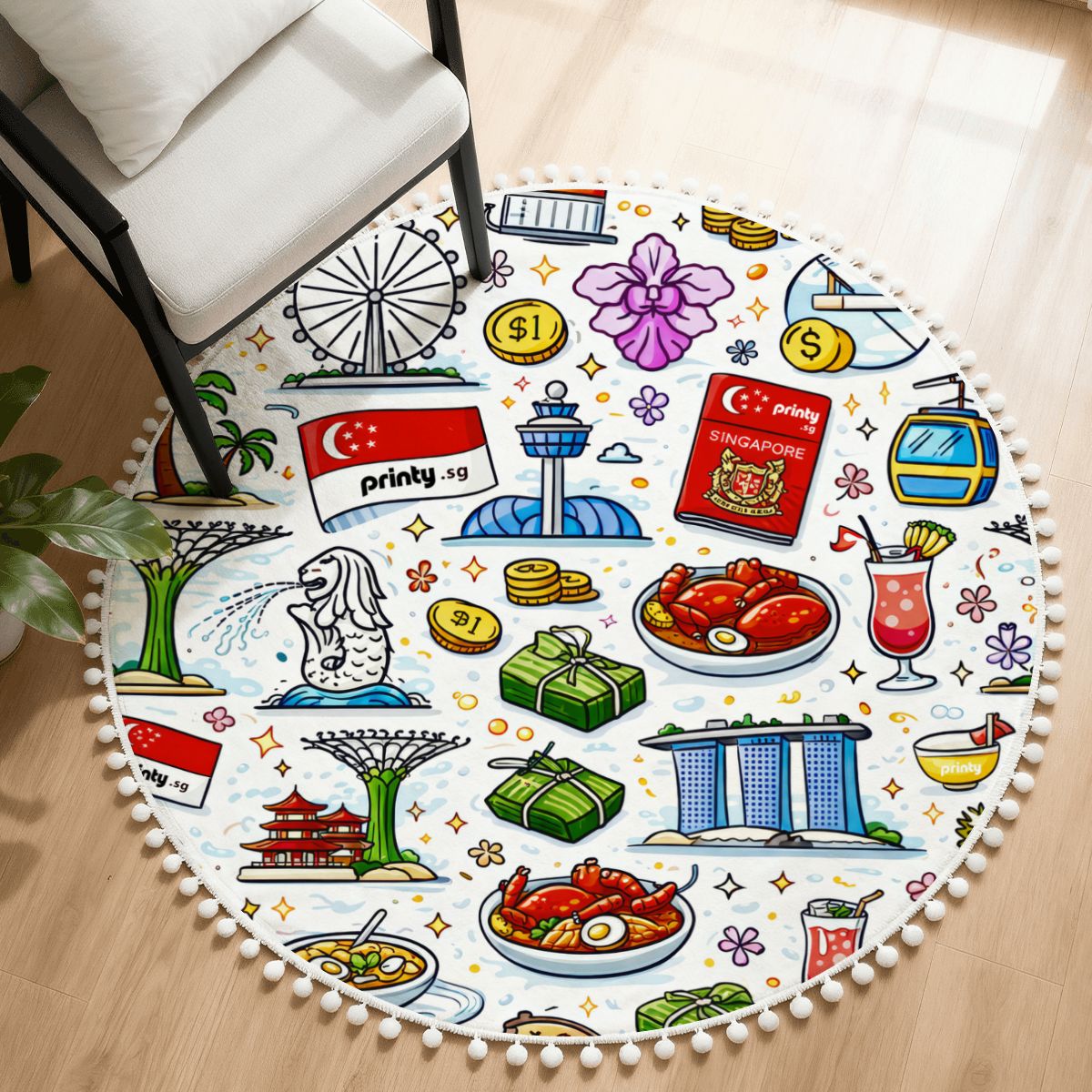 Custom Round Area Rug with Pom Poms